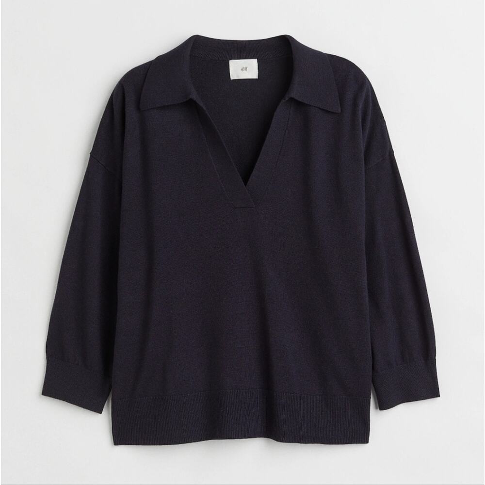 Fine Knit Collared Polo Sweater - Navy Blue